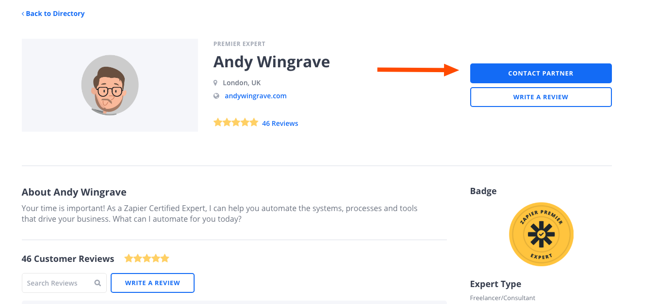 A Zapier Expert profile page with an orange arrow pointing to a blue button that says "contact partner".