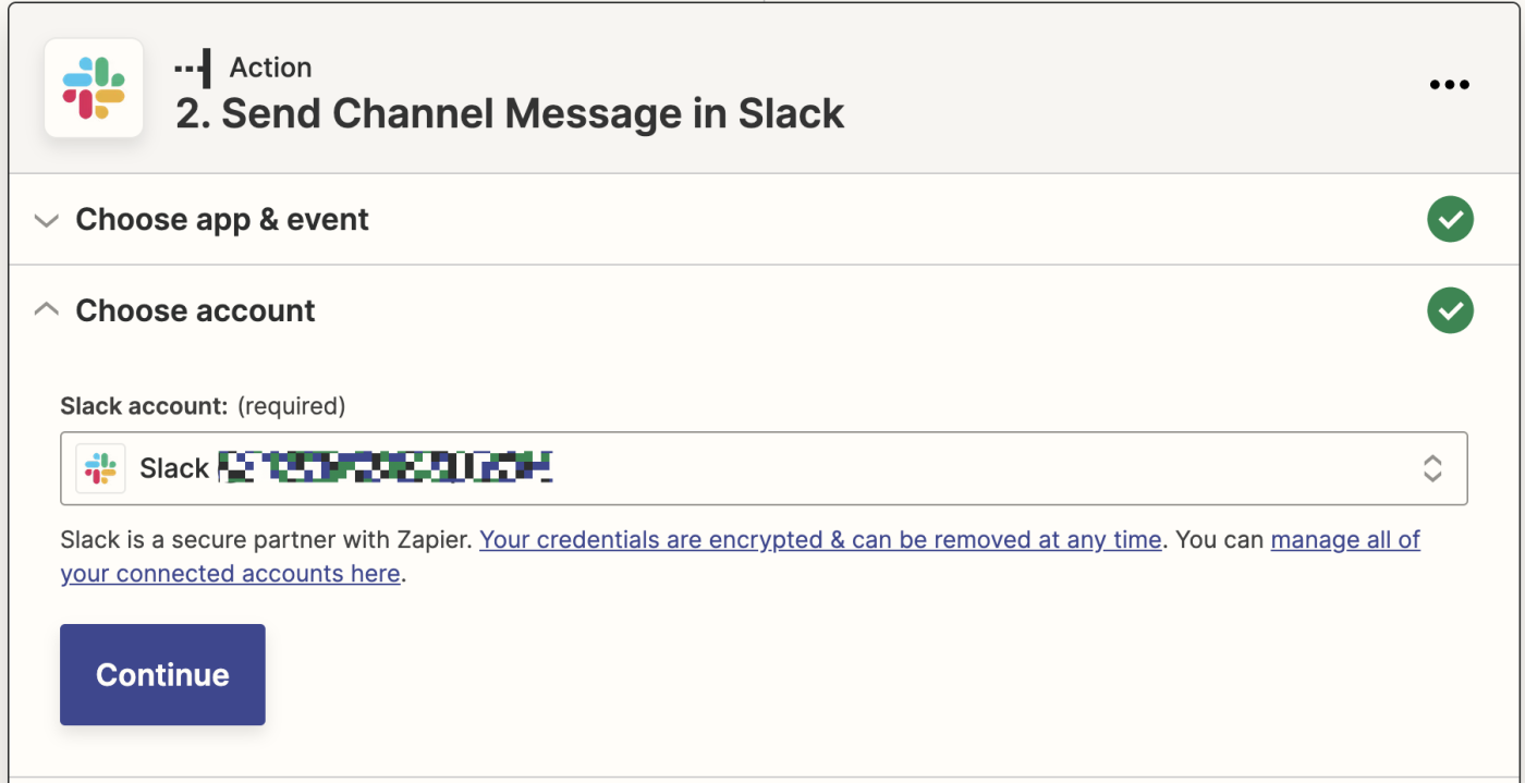 A dropdown menu labeled "Slack account" with a Slack account selected.