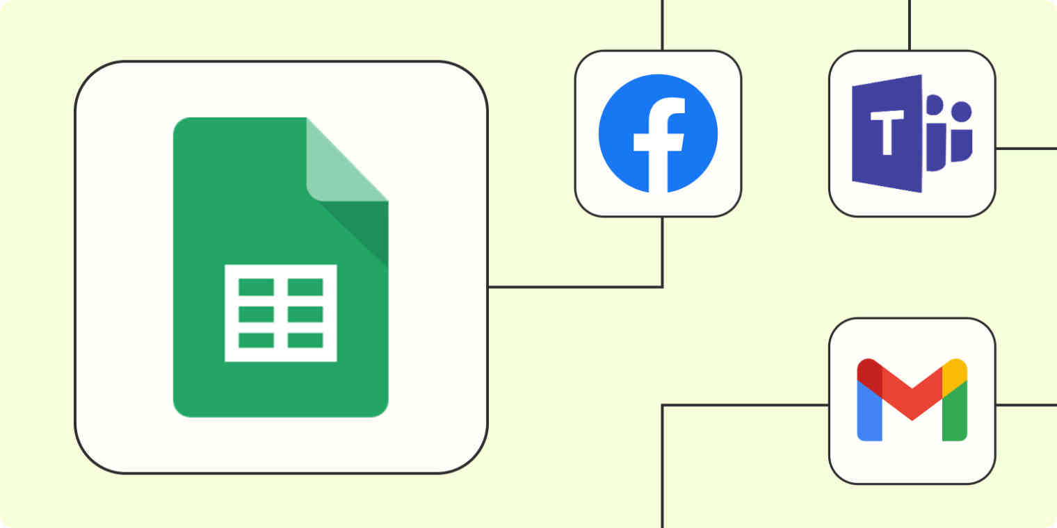 Hero image with the Google Sheets logo connected to the the logos of Facebook, Gmail, and Microsoft Teams with dots