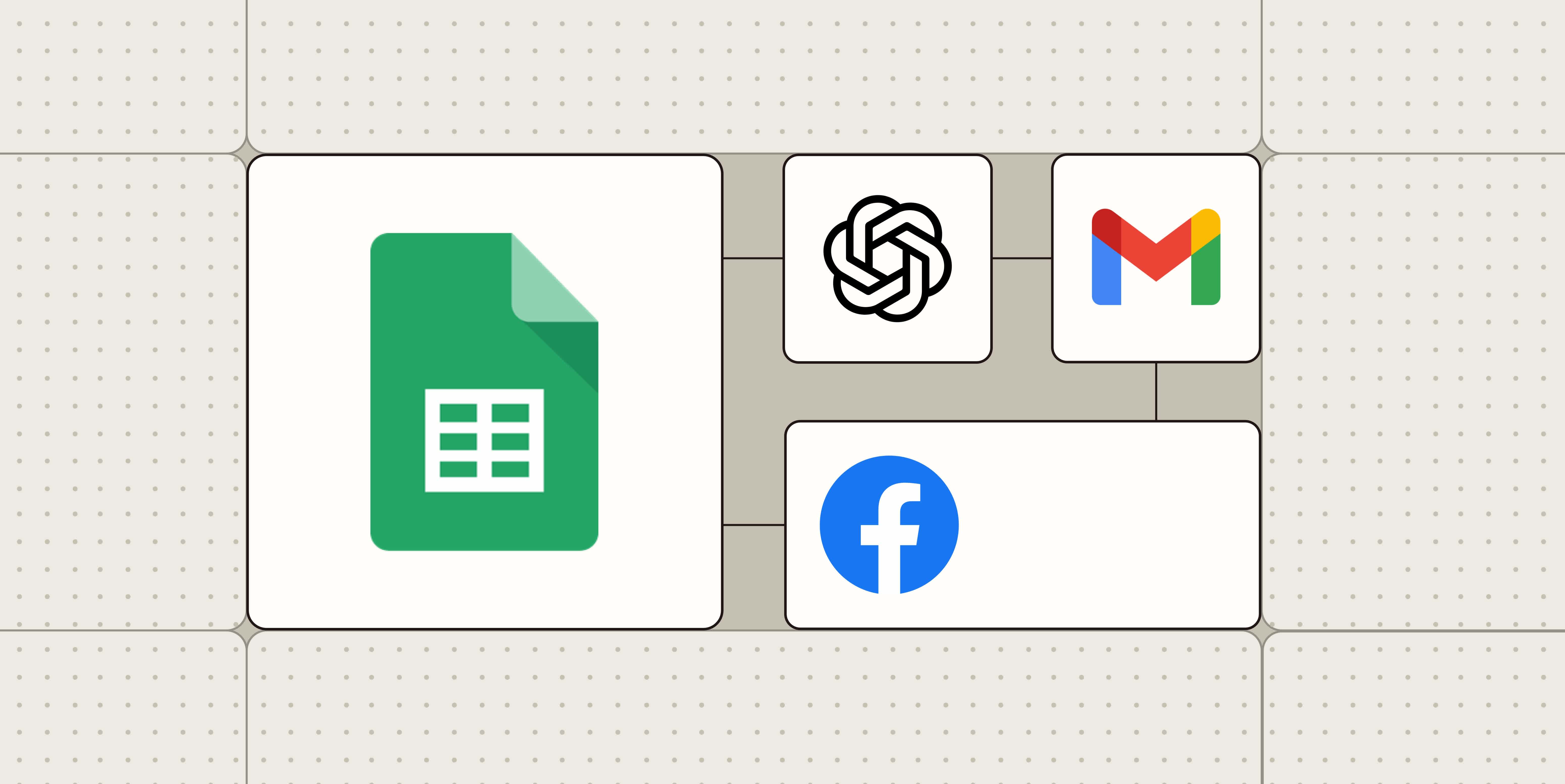 Hero image with the Google Sheets logo connected to the the logos of Facebook, Gmail, and Microsoft Teams with dots