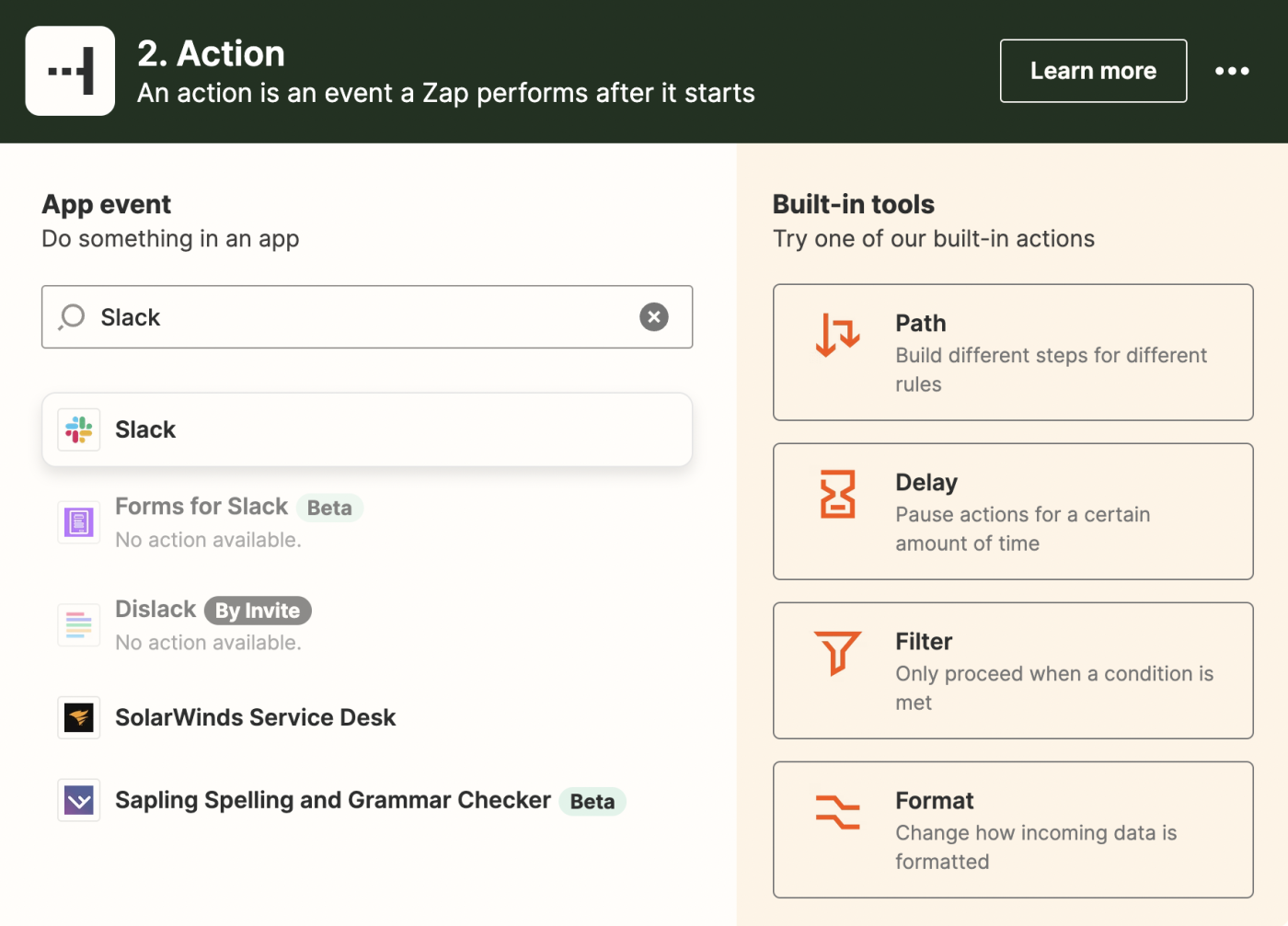 Slack being selected as the action event in Zapier.