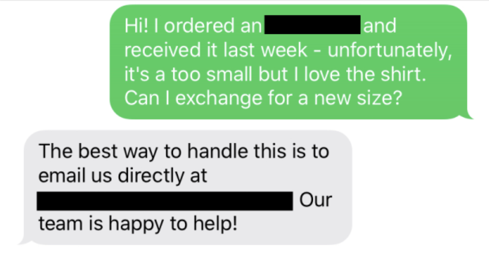 A customer texts a brand to ask if they can return something and they