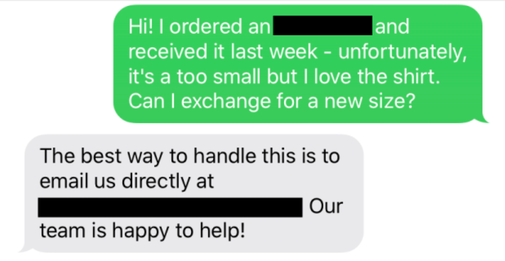 A customer texts a brand to ask if they can return something and they