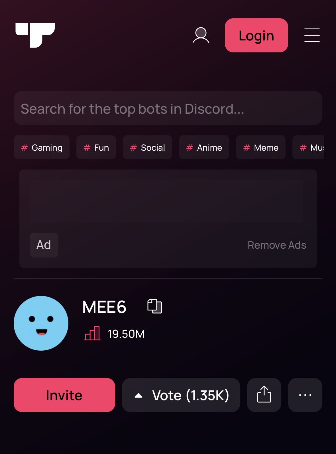 Screenshot showing how to invite a bot from a botlist on mobile