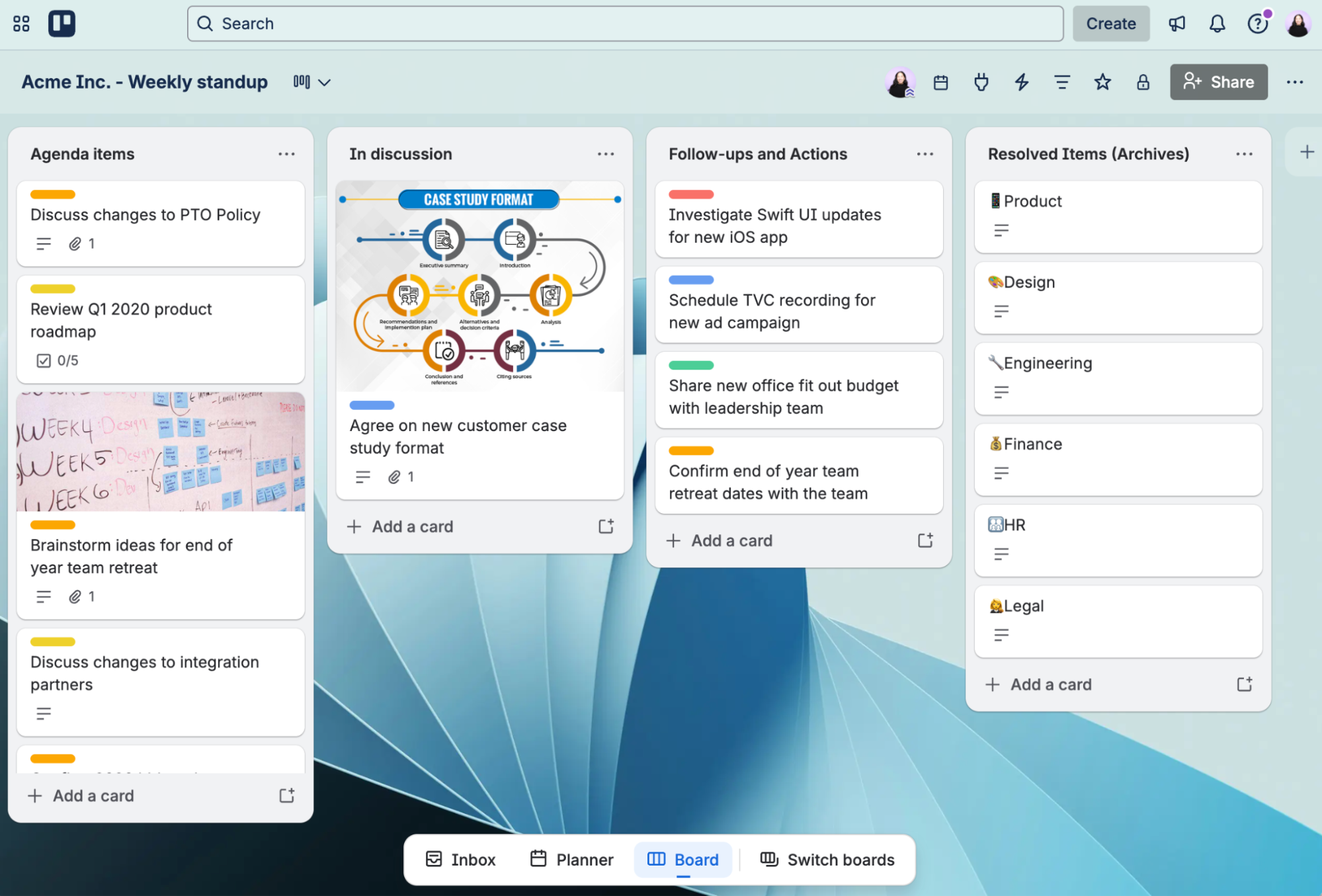 Trello board example for a meeting agenda.