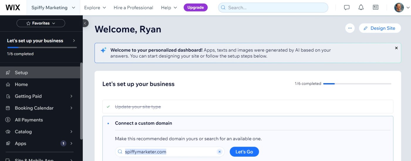 The Wix setup dashboard