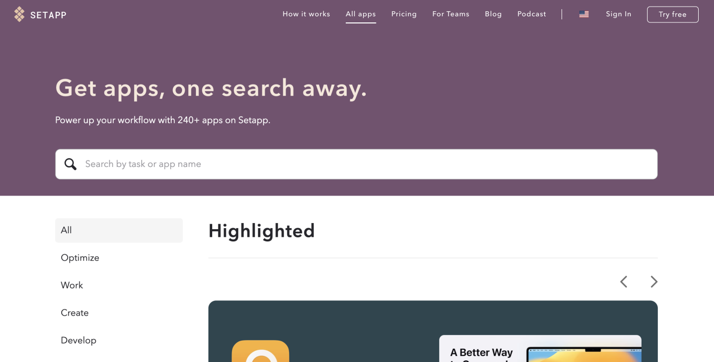 The Setapp search page