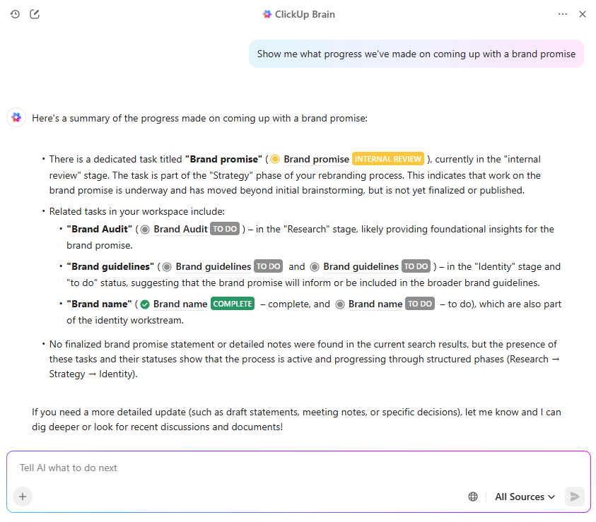 A progress summary from ClickUp Brain