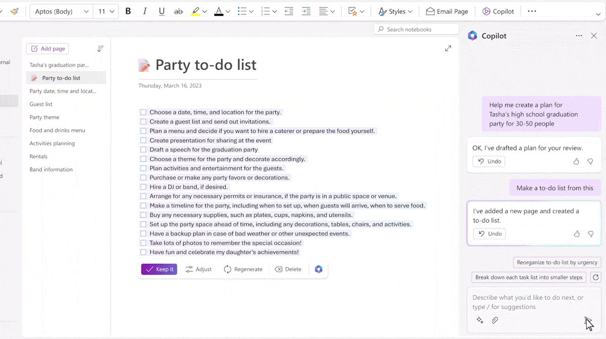 Screenshot of a preview of Microsoft Copilot integrated into OneNote.