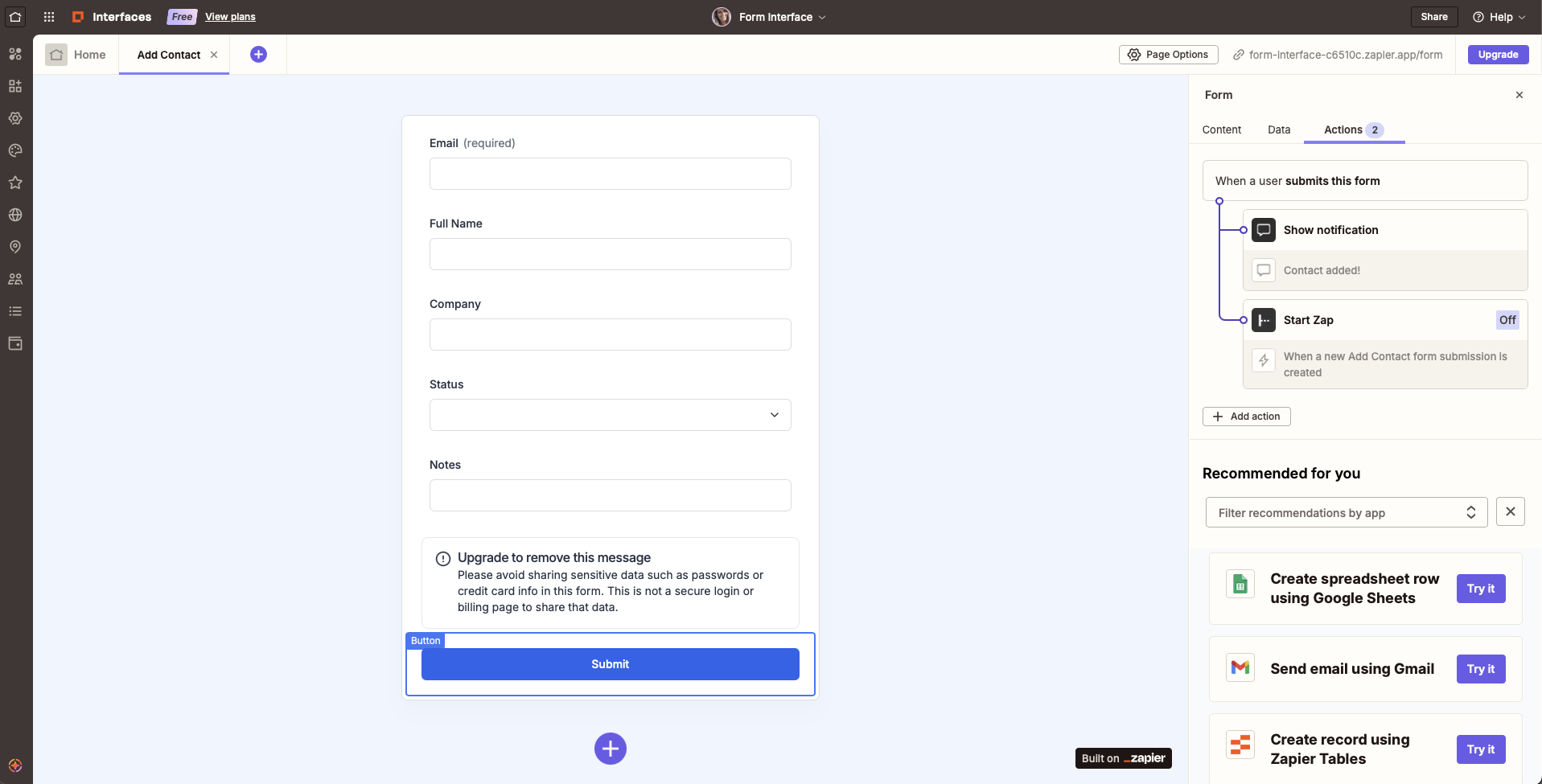 Zapier Interfaces, our pick for the best free form app for AI orchestration and automation