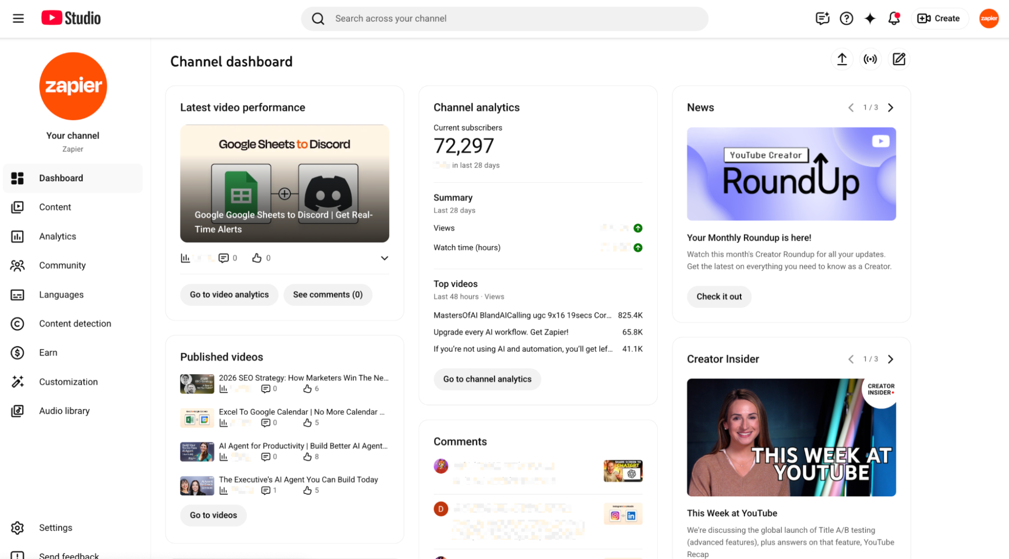 YouTube Studio dashboard. 