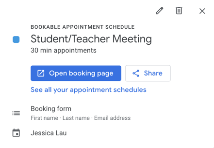 A screenshot of an example appointment slot with the title "Student/Teacher Meeting." The slot includes two buttons to open booking page or share a link to the booking page.