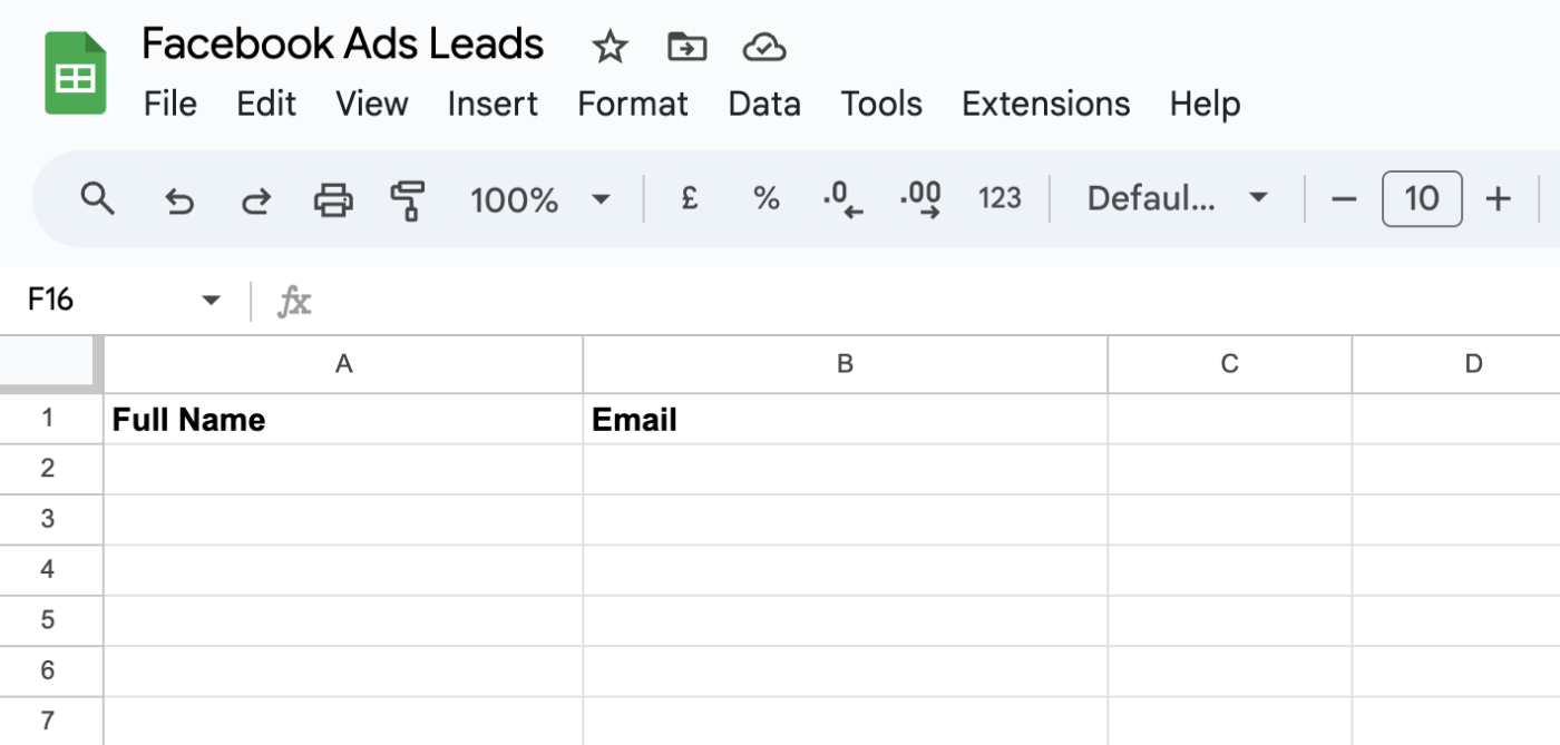 A Google Sheets spreadsheet titled "Facebook Lead Ads" with columns for "Full Name" and "Email"