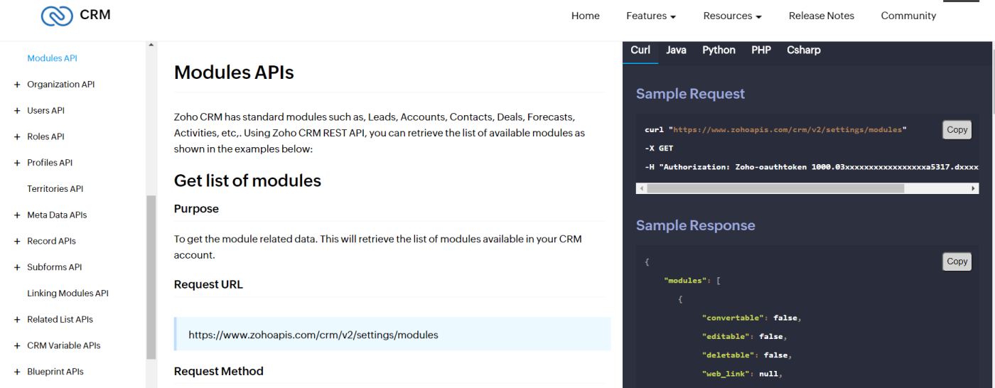 A screenshot of the setup page for APIs in a CRM.