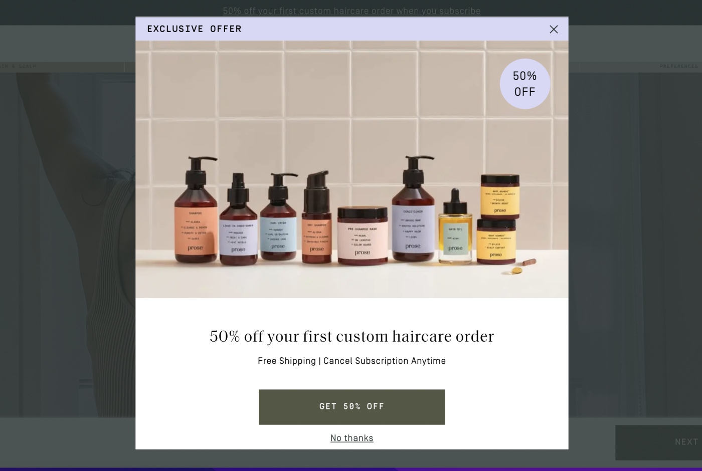 Prose pop-up offering the user 50% off their first custom haircare order 