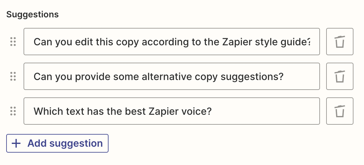 A list of suggested text for a Zapier chatbot.