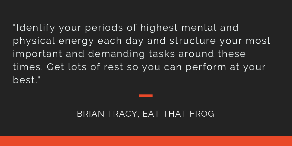 Eat That Frog principle 15: Identify your periods of highest mental and physical energy each day and structure your most important and demanding tasks around these times. Get lots of rest so you can perform at your best.