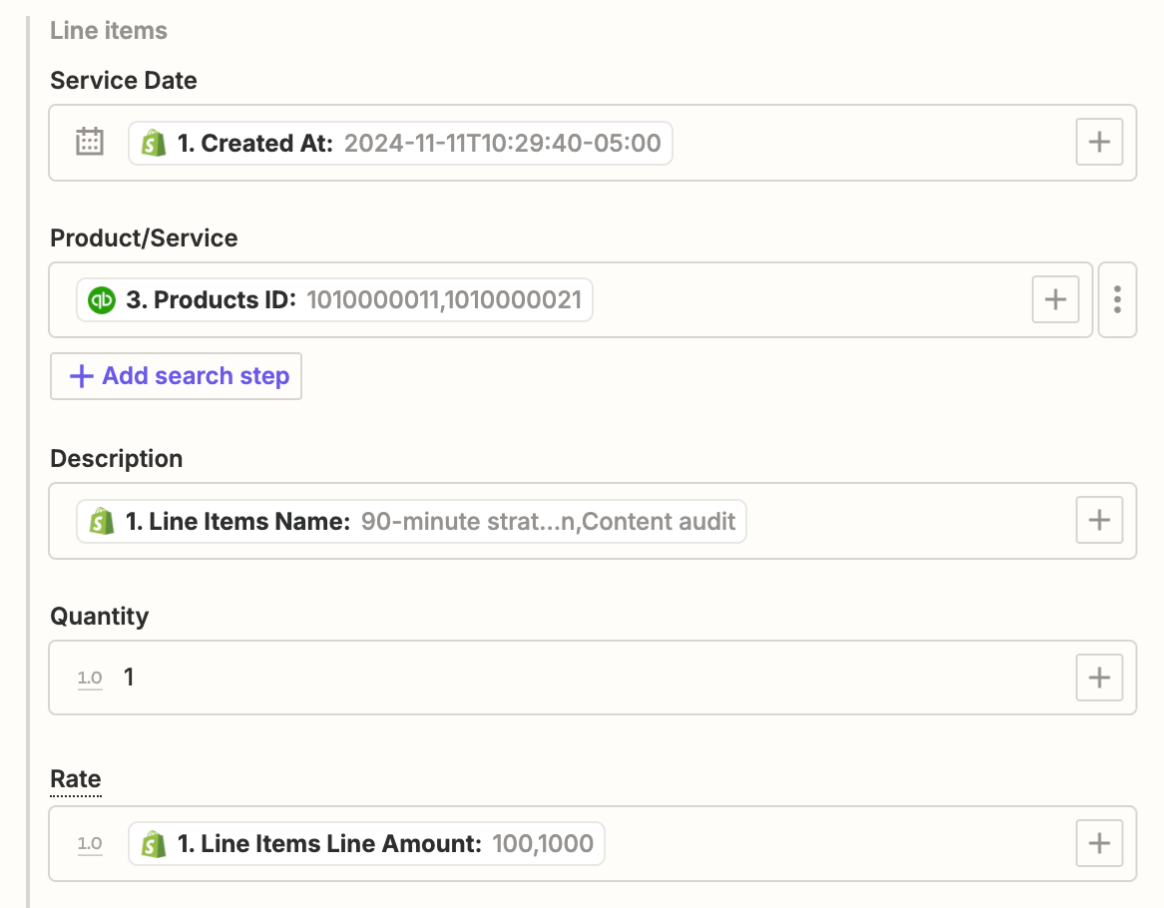 In the Zap editor, line items are mapped for multi-item invoices.