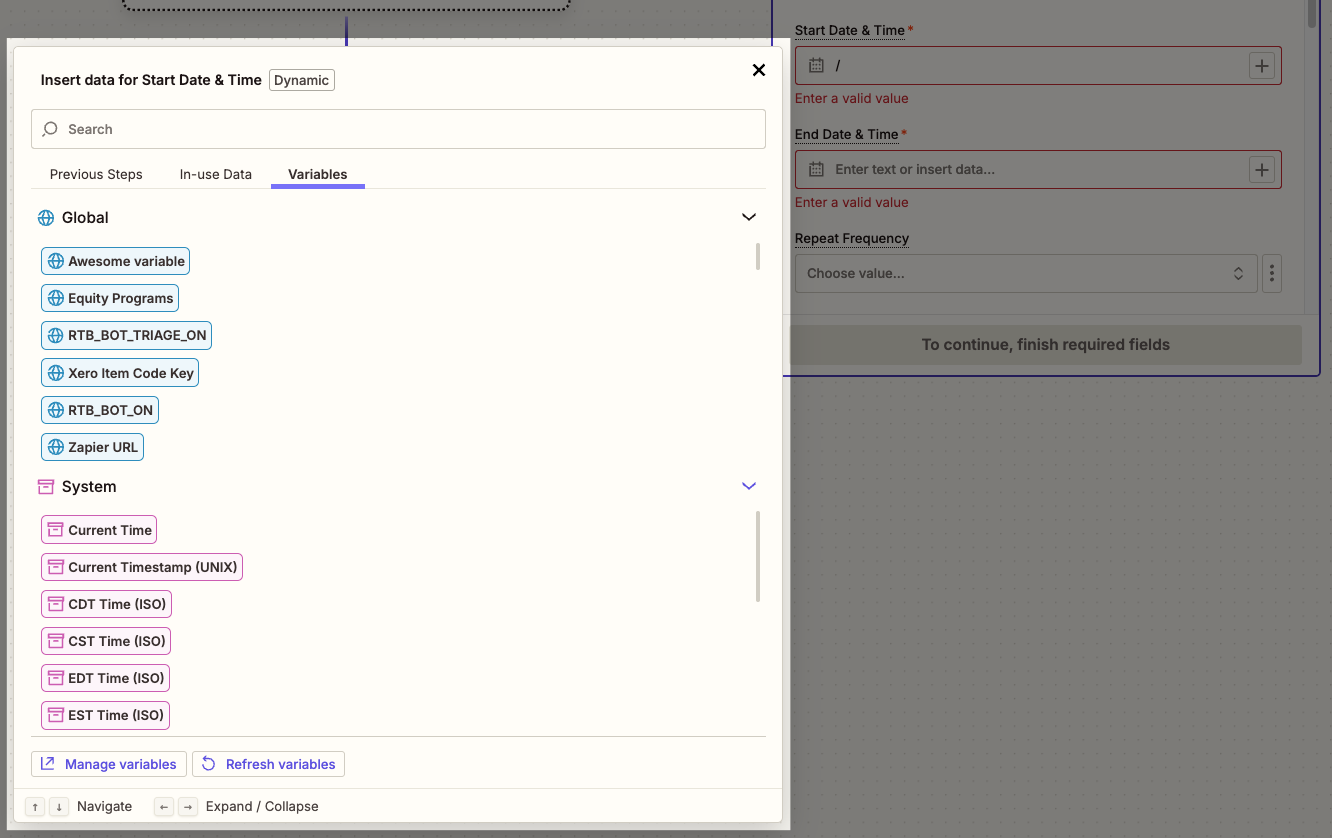 An image of Zapier's global variables functionality