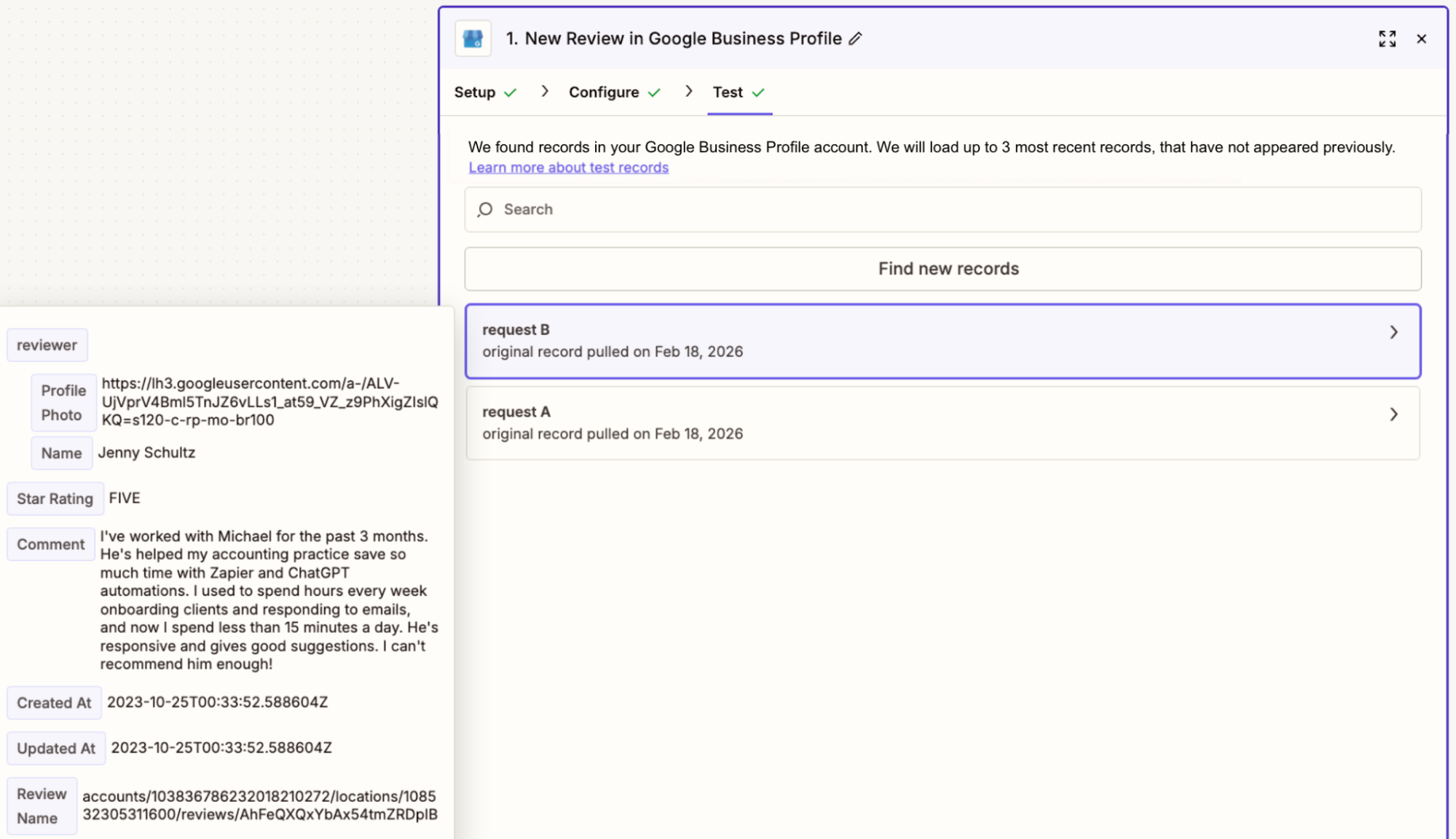A set of sample Google My Business reviews in the Zap editor.