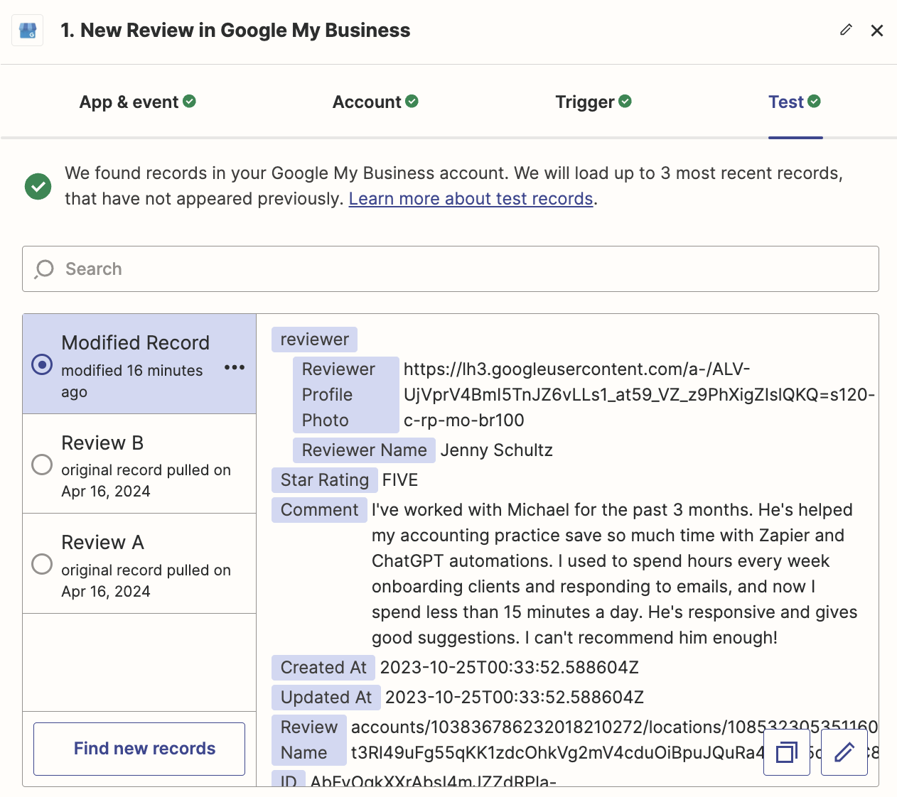 A set of sample Google My Business reviews in the Zap editor.