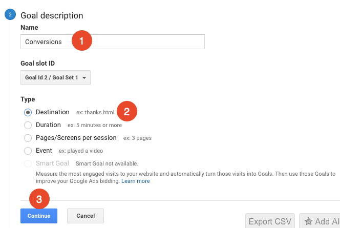create a destination goal in google analytics