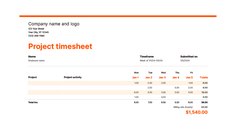 Screenshot of Zapier's project timesheet template showing how to track time for projects in one week