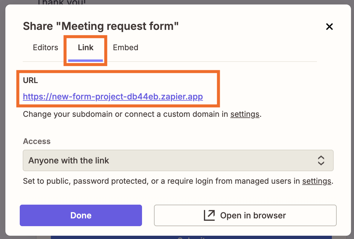 Share dialog with the Link tab selected, showing the form URL, access set to anyone with the link, and a Done button