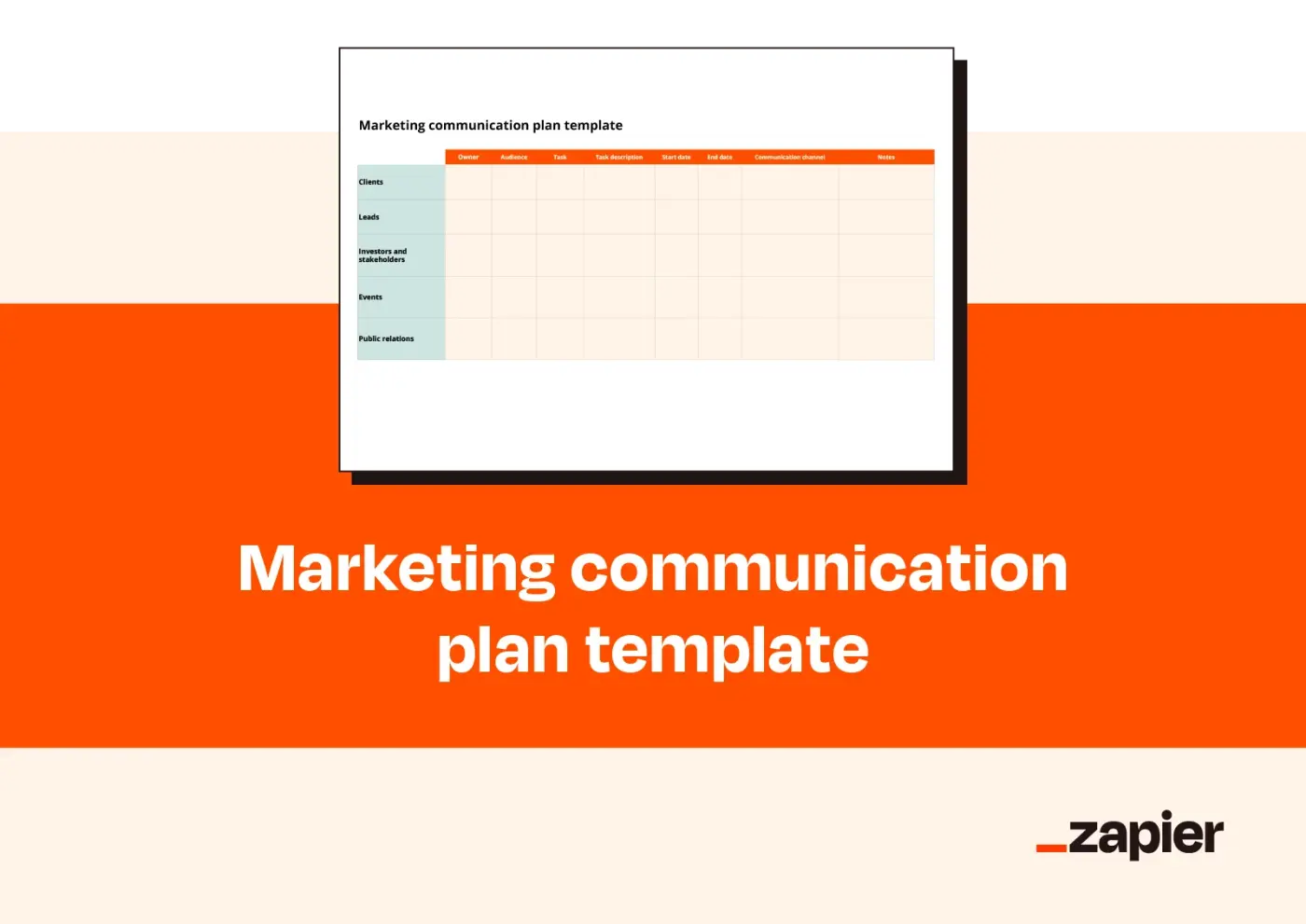 Mockup showcasing Zapier's marketing communication plan template