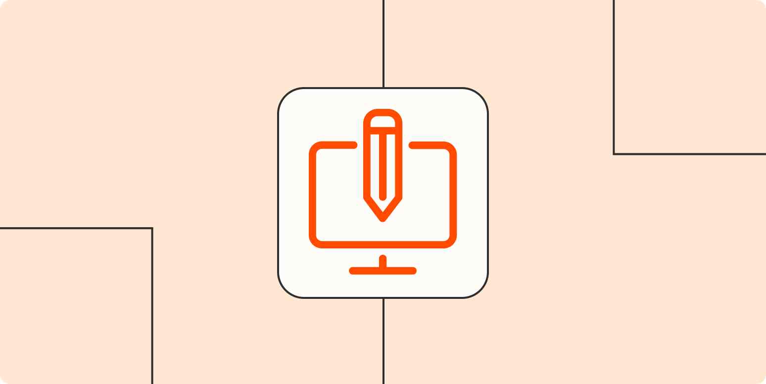 A line drawing of a feather quill inside a computer monitor, representing digital content creation.