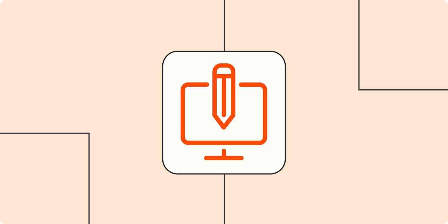 A line drawing of a feather quill inside a computer monitor, representing digital content creation.