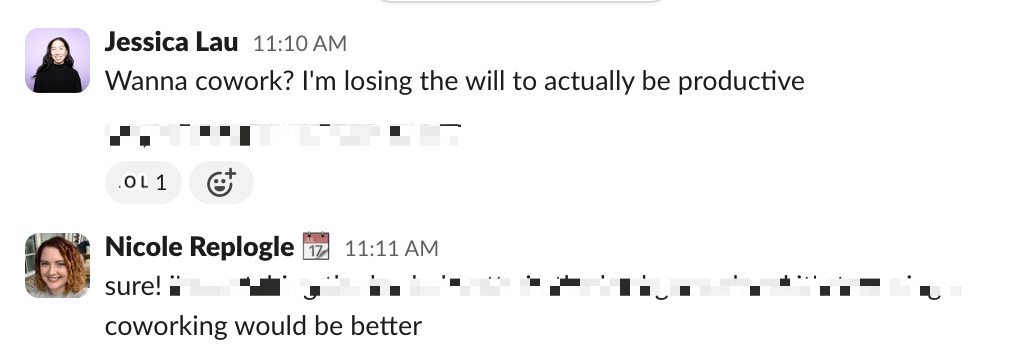 Portion of a Slack conversation about coworking. 