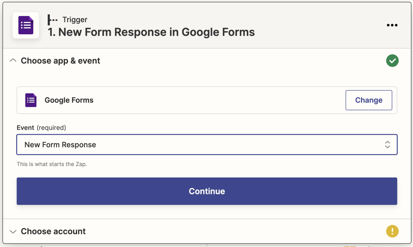 A trigger step with Google Forms selected as the trigger app and New Form Response selected in the Event field.
