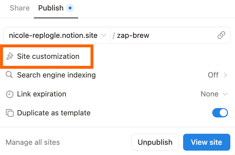 Screenshot showing how to customize a published Notion page.