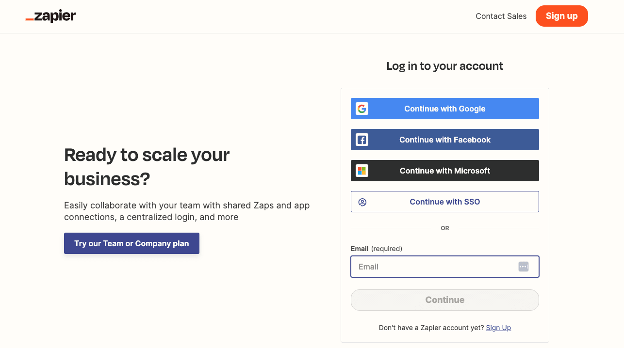 The Zapier login page
