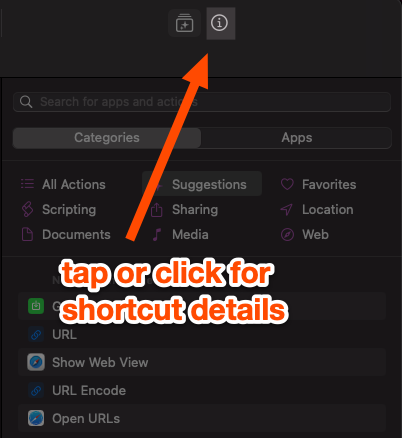 A arrow points to an icon of an i within a circle with the text "tap to click for shortcut details"