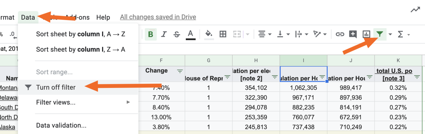 Turn off filter in Google Sheets