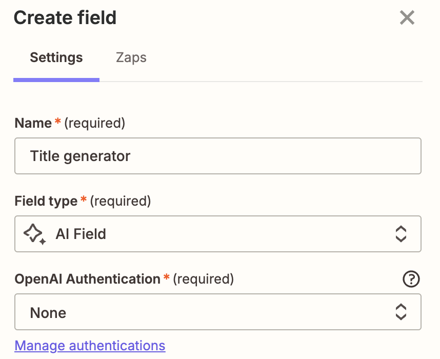 Screenshot of AI field set up