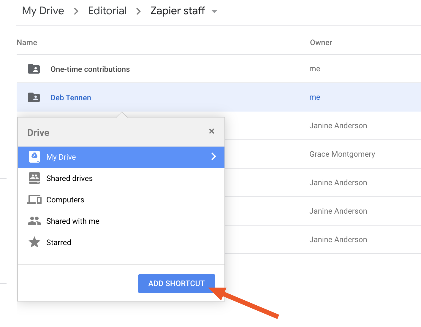 Navigate to the location you want and click Add shortcut
