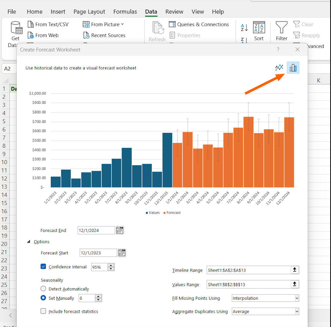 A screenshot shows how to choose the type of graph to display the data.