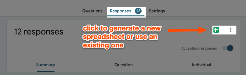 Exporting Google Form responses to a spreadsheet. A box highlights the Responses tab and an arrow points to a Google Sheet icon. The button will generate a new spreadsheet.