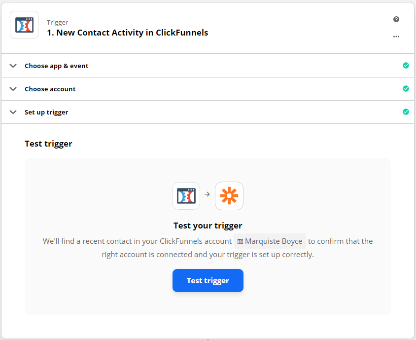 Zap set-up page: Test trigger