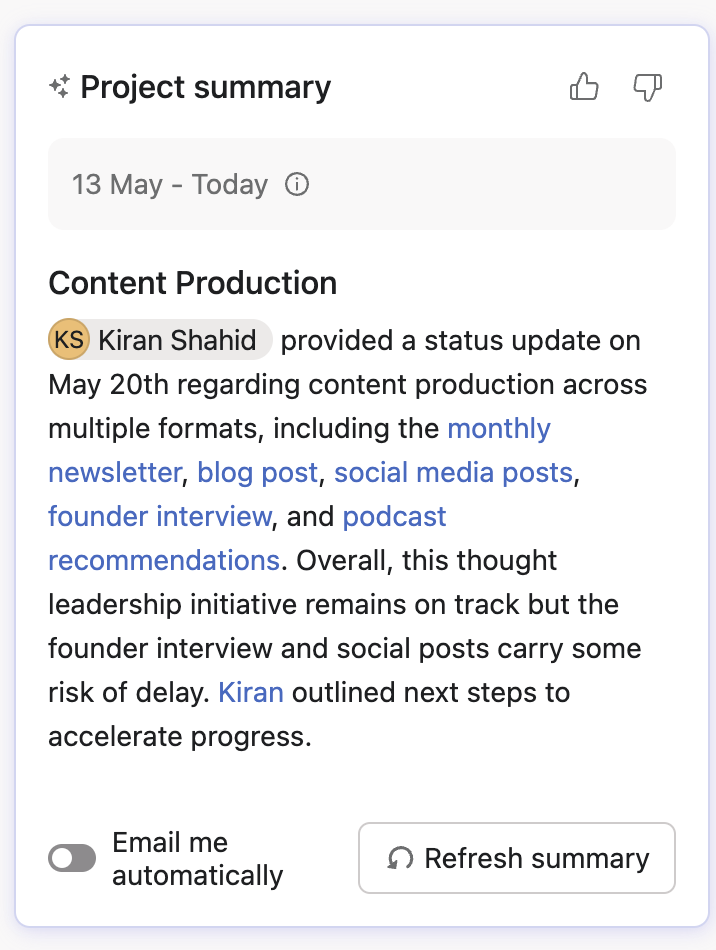Project digest generated by Asana AI.