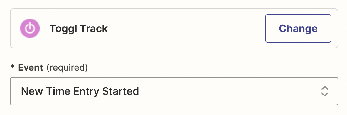 A trigger step in the Zap editor with Toggl selected as the trigger app and New Time Entry Started as the trigger event.