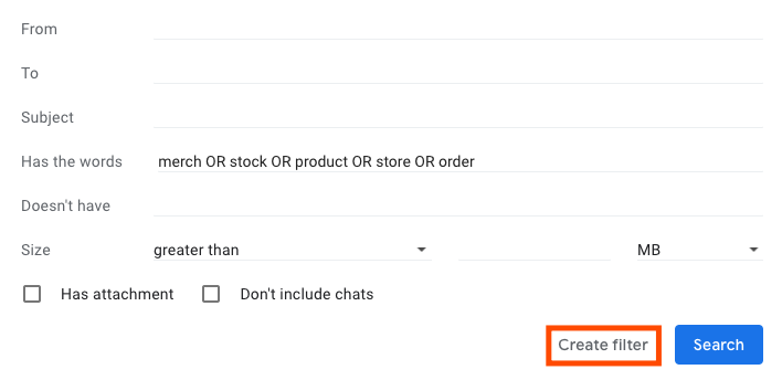 The Gmail search box filled with search operators. A red box highlights the Create filter option.