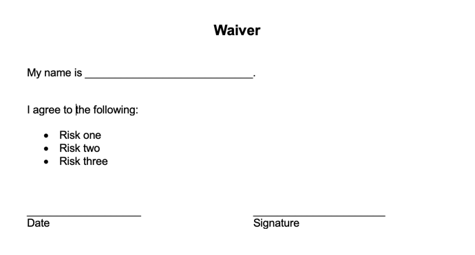 Example of a boilerplate waiver in Microsoft Word.