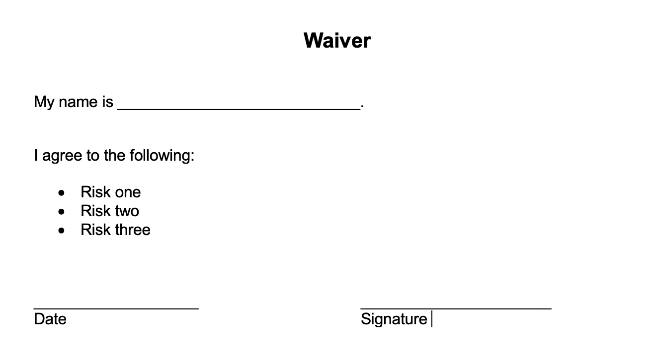 Example of a boilerplate waiver in Microsoft Word.