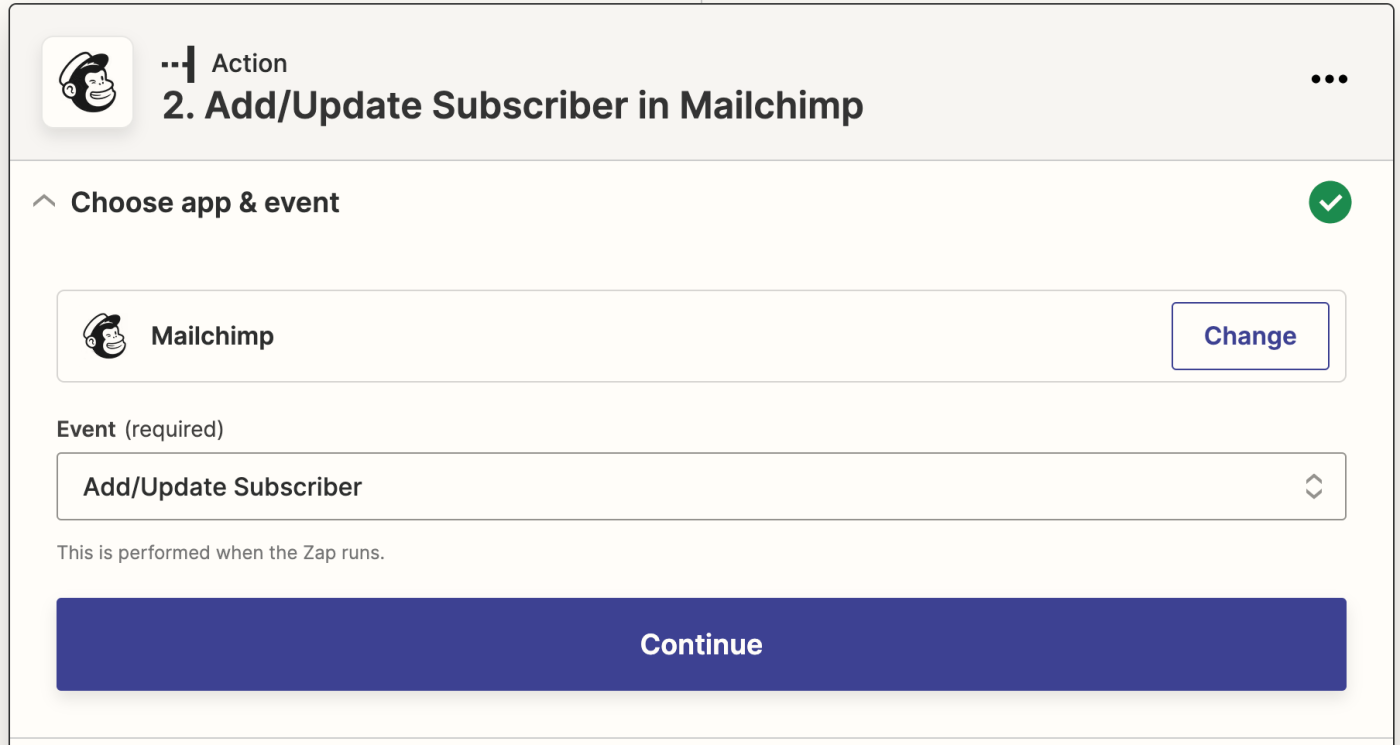 The Mailchimp app logo next to the text "Add/update subscriber in Mailchimp".