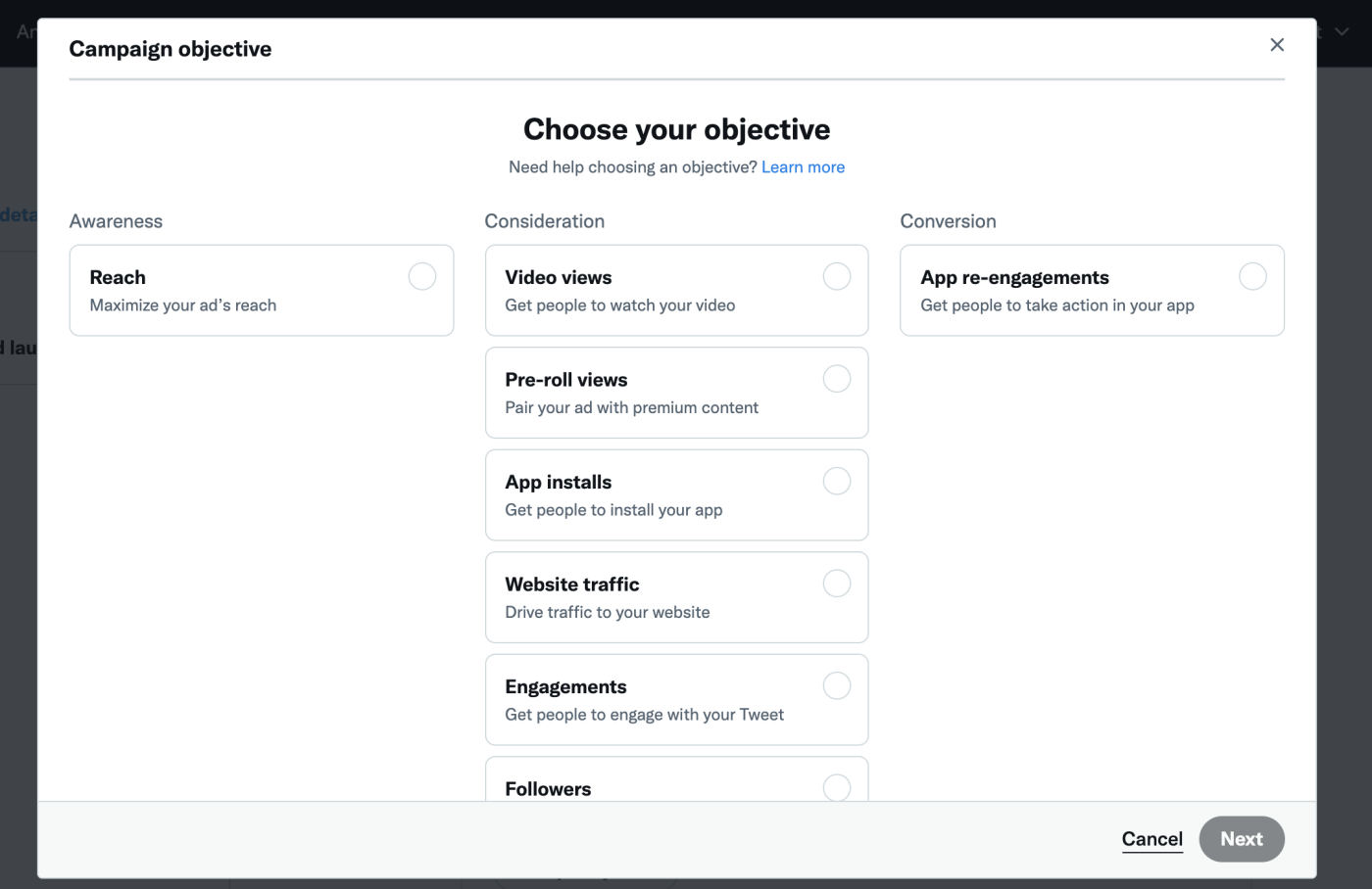 Choosing the campaign objective in Twitter