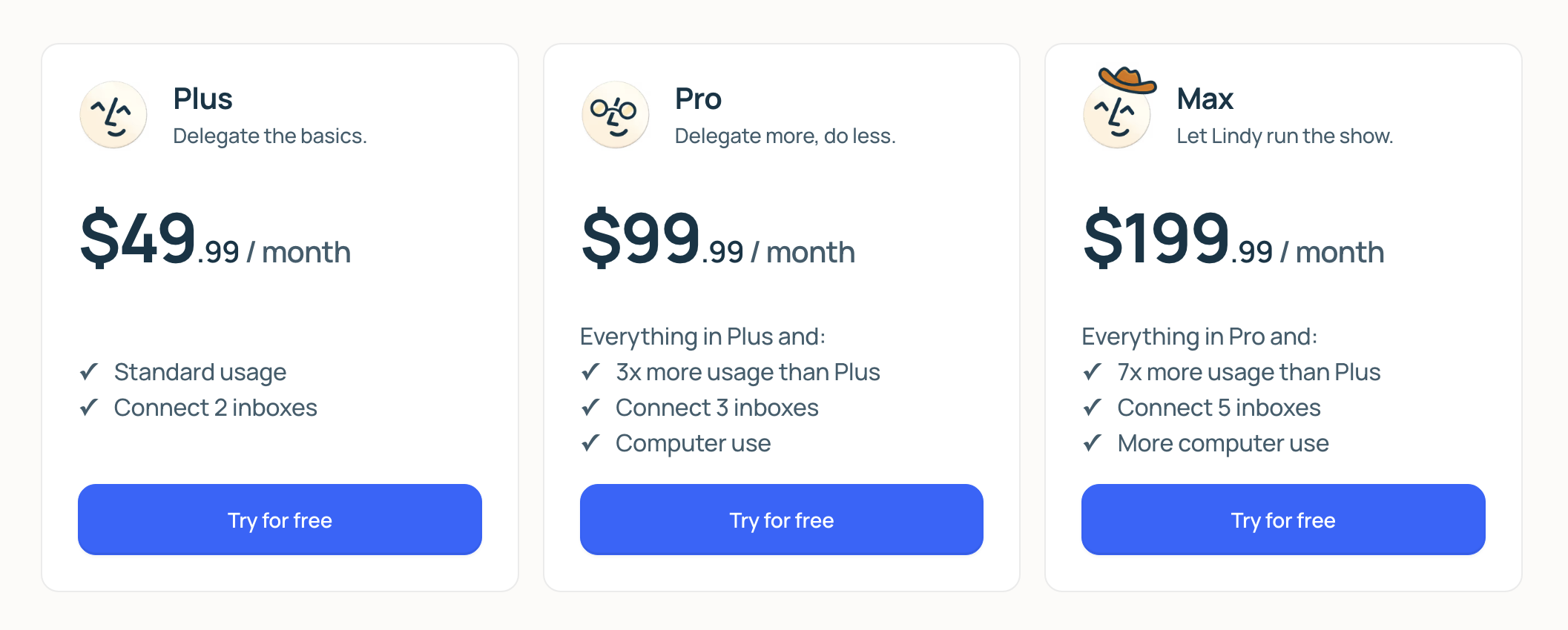 Overview of Lindy's Plus, Pro, and Max pricing tiers.